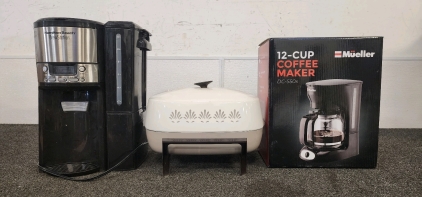 Hamilton Beach BrewStation 12-Cup Coffee Maker, West Bend 12-Inch Electric Skillet, And A Mueller 12 Cup Coffee Maker