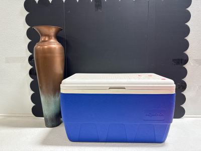 (1) Igloo Blue Cooler & (1) Copper And Teal Vase
