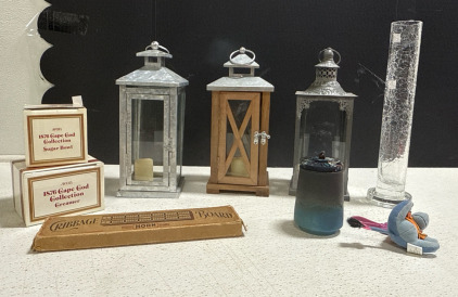 (3) Candle Holders (2) Avon 1876 Cape Cod Collection Sugar Bowl & Creamer (1) Vintage Cribbage Board And More