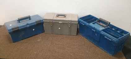 (3) Toolboxes - (1) Blue Contico Organizer (1) Blue Plano Toolbox (1) Gray Plastic Toolbox<br/>
