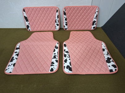 (1) Beiqitong 4-Piece Car Floor Mat Set, Pink Checkered Vinal & Black/White Cow Print & (1) Box Of Assorted Amazon Overstock