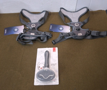 (2) Blue - Dog Smart Harnesses W/ Cloud Tag, Both L, Heron Black & (1) Pet Brush