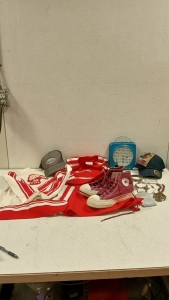 (1) Vintage 50's Cheerleader Outfit, (1) Pair of Converse Size 10 Women's, (2) Baseball Caps, (1) Clock, and Assorted Jewelry