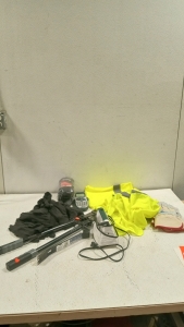 (1) Sunbeam iron, (1) bolt cutter, (1) crowbar, (1) letratag, (1) sealed pack of gloves, (2) safety vests, and more assorted gloves