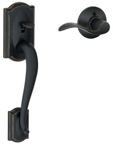 (1) Schlage FE285 CAM 716 ACC RH - Entry Door Handleset W/ Accent Lever & Exterior Pull, Decorative Trim, Aged Bronze Finish, Camelot Collection<br/>