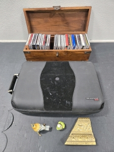 Vintage Wood Storage Box w/ Collection of Bob Dylan & Rolling Stones CDs, Slappa 360 Hard Carry Case for CDs, Small D&eacute;cor Items
