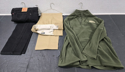 Black Original Levi 505 - Size W38 L32, Tan Slacks Paul Fredrick - Size 36, Green Overseas Adventure Travel Fleece - Size XL