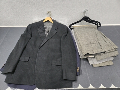Box Full of Men's Vintage Suits, Blazers, & Slacks of Assorted Brands & Materials, Brands Include: Paul Fredrick Made in Portugal ($600+ Value) Huntington 100% Cashmere, Tommy Bahama, JoS A Bank Made in Poland, Travel Smith, & More!