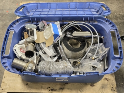 Large Bin Filled w/ Assorted Plumbing & Construction Items Including Faucet, Bathroom Light Fixture, Dryer Vent Tube, Heavy Duty Truck Straps, & More!