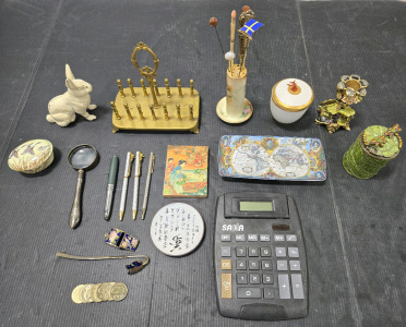 Assorted Vintage D&eacute;cor Items - Including: Hand-Painted O & EG Royal Austria Hair Pin Holder, 1630 World Map Dish Made in Portugal, Japanese Writing Plate Made in Japan, (7) Icelandic Kronur Coins, & More!
