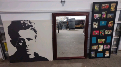 (1) Red Wood Framed Mirror 28&frac34;"x 40&frac12;", (1) Black & White Graphic Portrait of James Dean35&frac12;"x 35&frac12;", & (1) 21-Piecs 6"x 4" Picture Frame(s) in One Black Frame