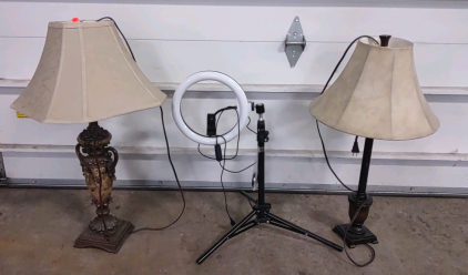 (1) Ring Light Stand & (2) Assorted Vintage Lamps w/ Shades