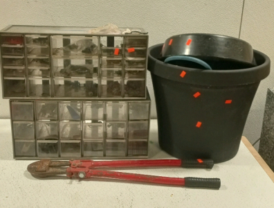 (1) Bolt Cutter (1) Flower Pot (2) Organizers W/ Drawers And Parts Inside