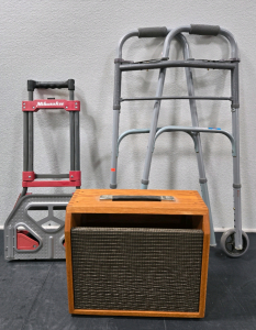 Guardian Aluminum Walker w/ Adjustable Height, Milwaukee Folding Hand Truck, Vintage Speaker in Wood Box Enclosure w/ Leather Cover Bag