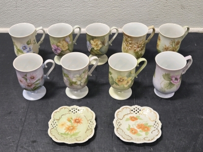Set of Vintage Hand-Painted Porcelain Victorian Style Mugs & Plates - Signed by Artist "D. Grant"