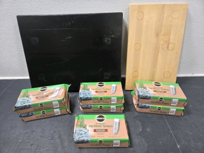 (7) *New* Miracle-Gro Evergreen Fertilizer Spikes 12-Packs, Solid Black Painted Wood Block Decor - 19" x 24", Wood Cutting Board/Stand 12&frac34;" x 21"