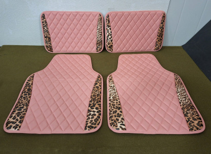 (1) Beiqitong 4-Piece Car Floor Mat Set, Pink Checkered Vinal & Brown Leopard Print & (1) Box Of Assorted Amazon Overstock