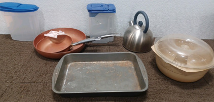 Kitchen Pans, Tea Pot, Cake Pans. Sugar Containers.