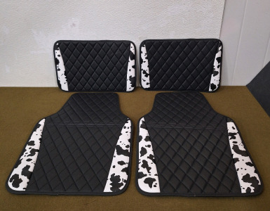 (1) Beiqitong 4-Piece Car Floor Mat Set, Black Checkered Vinal & Black/White Cow Print & (1) Box Of Assorted Amazon Overstock