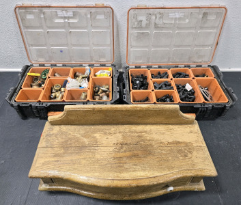 (2) Rigid Brand Parts Storage Boxes Filled w/ Assorted Plumbing Parts & Hangable Solid Wood Shelf w/ Drawer
