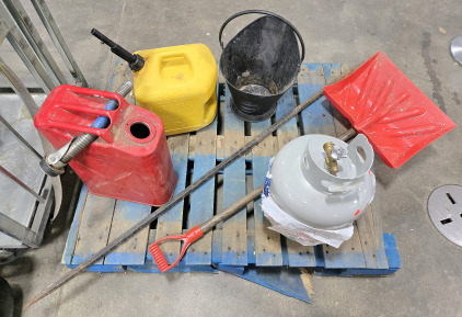 5-Gallon Diesel Fuel Tank Filled w/ Fuel, Vintage BLTZ Metal Fuel Tank, AmeriGas 15LB Propane Tank, Heavy Metal Pri-Bar, Garant Plastic Blade Snow Shovel w/ Wood Handle, Vintage Metal Firewood Bucket w/ Handle