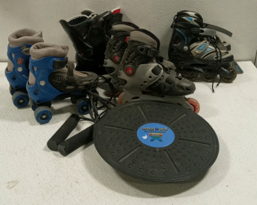 (8) Pairs Of Roller Blades/Skates Assorted Sizes (1) Jump Rope (1) Balance Board