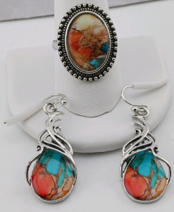 (2) Colorful Natural Stone Jewelry - (1) Drop Earrings (1) Ring - 9&frac34;"