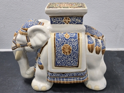 Vintage Hand-Painted Porcelain Chinese Hollywood Regency Elephant Plant Stand - 17"H x 19"W x 9"D