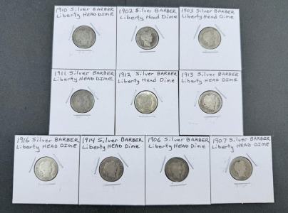 (10) 1902-1916 Barber Silver Liberty Head Dimes