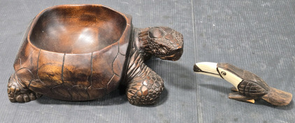 Unique Hand-Carved Gal&aacute;pagos Turtle Bowl - Circa 2017 & Hand-Carved Toucan
