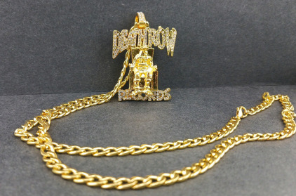 DeathRow Records Gold Toned Pendant - White Stones - Gold Toned Chain
