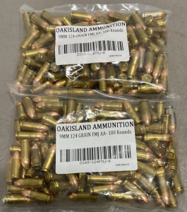 Oakisland Ammunition 9mm 124 Grain FMJ, 100 Rounds, Lot 01A9-124FMJ-R