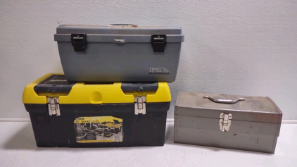 (1) Gray Flambeau Toolbox w/ Screw/Nut Drivers, (1) Black/Yellow Stanley 24" Series 2000 Toolbox w/ (5) Jigsaws w/Assorted Saws Attachments, & (1) Gray Empty Toolbox