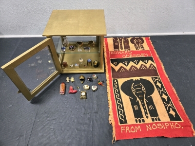Small Curio Cabinet Filled w/ Ancient Japanese-Style Mini Knick-Knacks - Made of Glass, Metal, & Porcelain / African Style Batik Tapestry