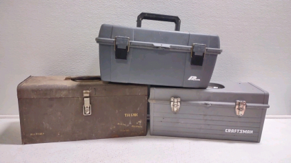 (1) Vintage Ally-OOP Metal Toolbox Full of Assorted Hand Tools, (1) Gray Plano Toolbox Full of Assorted Twine, & (1) Gray Craftsman Toolbox w/ (2) Jigsaws Inside