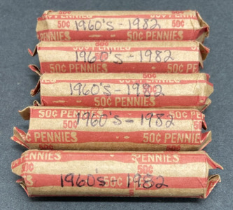 1960s-1982 Penny Rolls, 50 Coins Each, 5 Rolls Total, 250 Coins