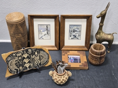 (2) Small Paintings In Frames (Hand-Painted) Metal Lama Sculpture Made In India, Wood Carved Cup Made In India, Hand-Carved Stone African Theme Symbols, & More!