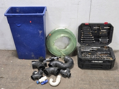 Husky Tool Box w/ Drawers & Filled w/ Some Tools, Unopened Spool Of Water Drip Lines, Large Blue Trash Can Filled w/ Plumbing Parts