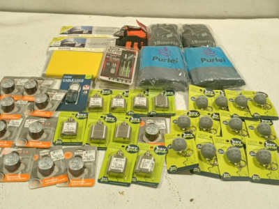 (12) Hedgehog Keychains, (9) Flask Keychains, (10) Clip lights, (1) Dart set, (2) Marine Survival Blankets, and Much More
