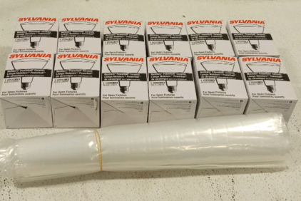 (12) Sylvania Lightbulbs for Open Fixtures, (1) Roll of Plastic Bags