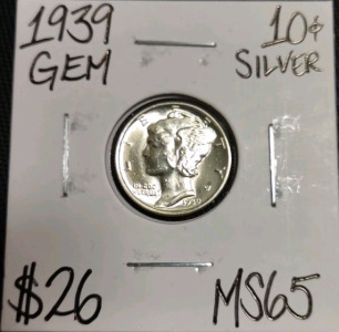 1939 MS65 Gem Silver Mercury Dime