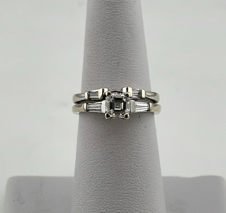 18K White Gold Emerald Cut Diamond Engagement Ring, 0.77 Carat Total