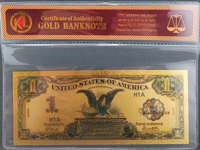 . 99.9% pure 24k Carat gold flake Gold Banknote - 1$ Silver Certificate