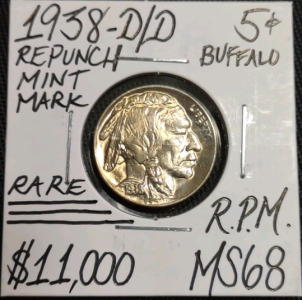 1938-D/D MS68 Rare Gem Repunch Buffalo Nickel