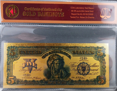99.9% pure 24k Carat gold flake Banknote - 5$ Indian Head
