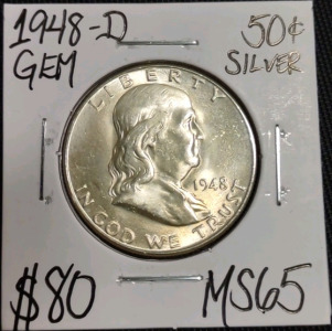 1948-D MS65 Gem Silver Franklin Half Dollar