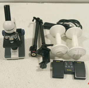 (1) Anoscope Microscope (1) Pair Of 3.3 Pound Weights (1) Camera Mount (1) Music Device (1) Extension Cord