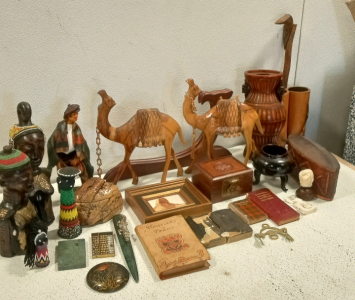 Large Lot of Wooden Collectibles, Old Tribal Books, Handmade Statues, and More!