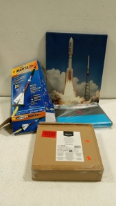 (1) Model Rocket, (1) Amazon Basic TV Mount, (1) Rocket Wall Art, (1) File Folder