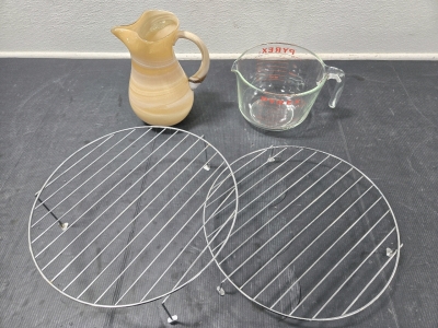 Pyrex 8-Cup Large Measuring Cup, Glass Blown Decor Pitcher, (2) Rounds Baking Cooling Racks